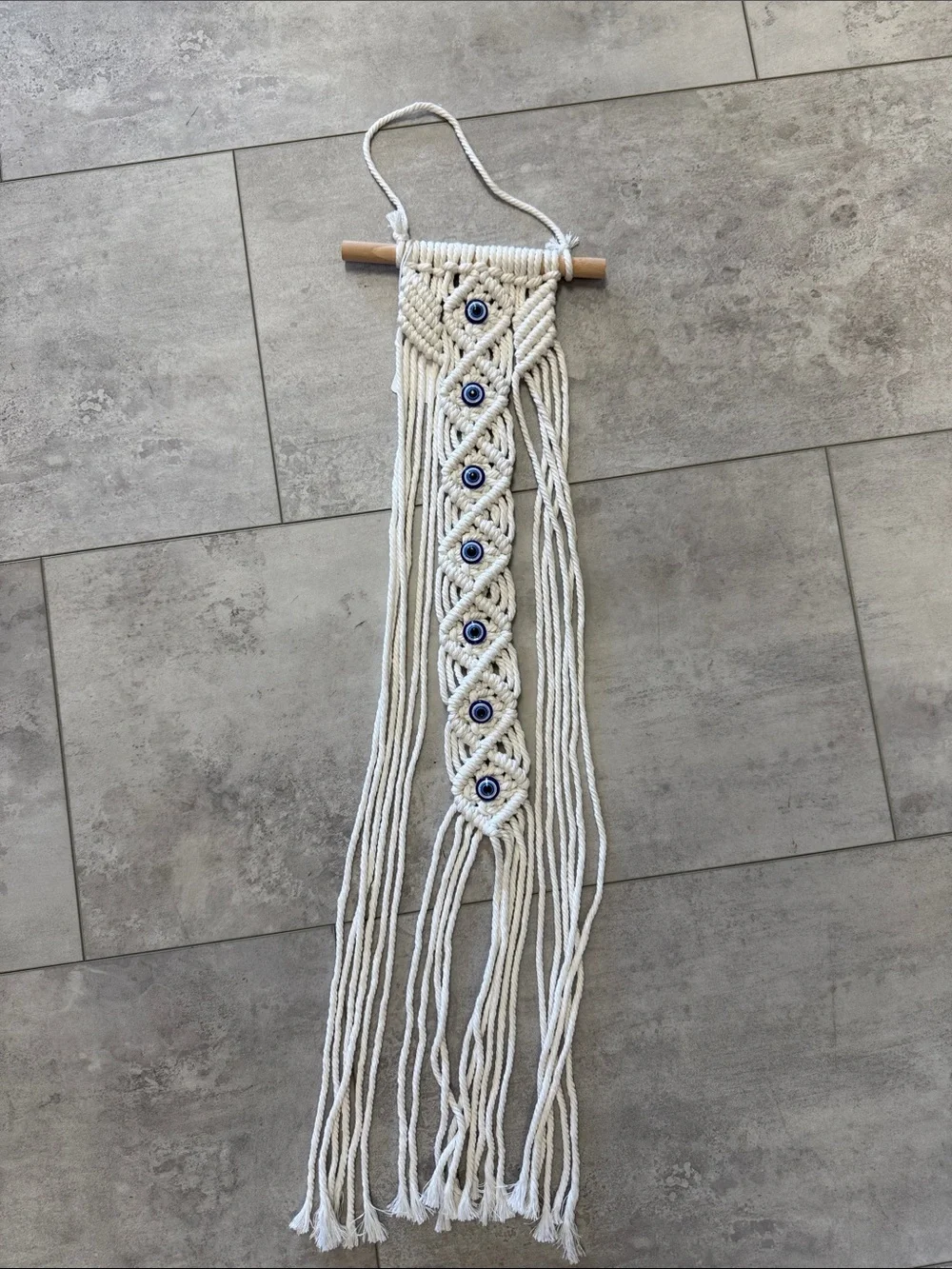 Cream Macramé Wall Hanging with Blue Accent Beads